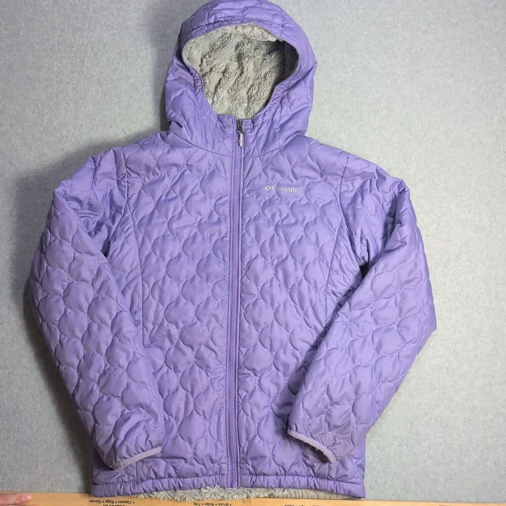Columbia Jacket Girls L 14-16 Purple Quilted Fleece Lined Hooded Winter Coat